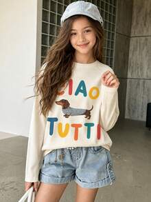 Tween Girl 1pc Sausage Dog Print Long Sleeve T-Shirt, Suitable For Girls' Autumn/Winter Top, Young Student Children's Clothing, Suitable For Outerwear And Layering - Apricot - View 2