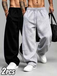 2pcs Men's Solid Color Drawstring Waist Pocket Casual Loose Sports Sweatpants, Knit Fabric Athletic Long Pants - Multicolor - View 2