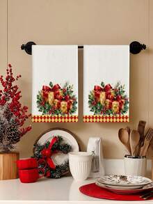 2pcs/4pcs Handuk Dapur Kotak Kado Natal Cat Air, Kotak Kado Pita Merah, Ranting Pinus Holly, Cetakan Buah Beri Merah, Pinggiran Pola Berlian Merah & Kuning, Handuk Tangan Liburan, Handuk Dekorasi Dapur dan Kue - MultiWarna - View 1