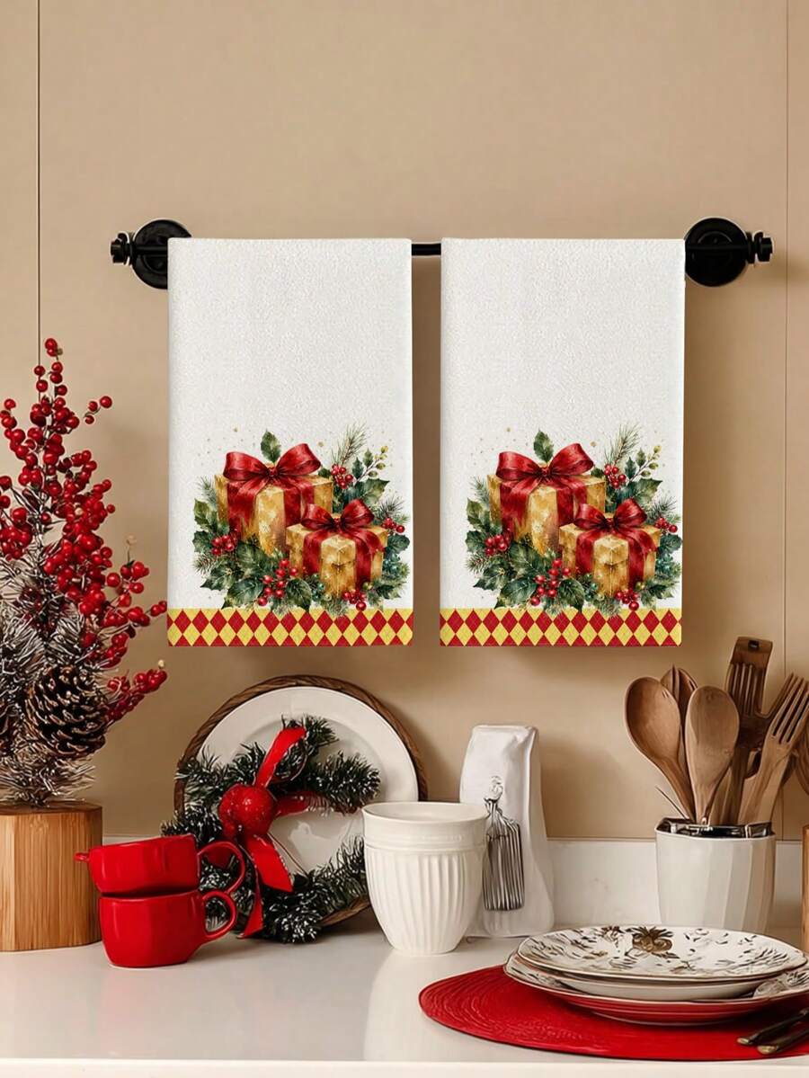 2pcs/4pcs Handuk Dapur Kotak Kado Natal Cat Air, Kotak Kado Pita Merah, Ranting Pinus Holly, Cetakan Buah Beri Merah, Pinggiran Pola Berlian Merah & Kuning, Handuk Tangan Liburan, Handuk Dekorasi Dapur dan Kue - MultiWarna - View 1