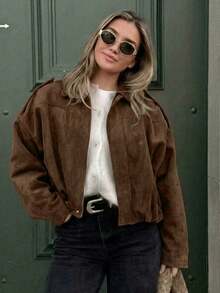 Women's Elegant Loose Fit Aviator Jacket, Epaulettes Lapel, Snap Button Front, Lightweight All-Season Outerwear - Brown - View 5