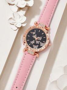 2Pcs/Set Sweet & Cool Style Women's Watch + Rhinestone Leather Strap Quartz Wristwatch, Holiday Birthday Gift Accessory, Suitable For Qixi, Valentine's Day, Christmas, Birthday Party, Anniversary, Thanksgiving Gift Giving. - Multicolor - View 7