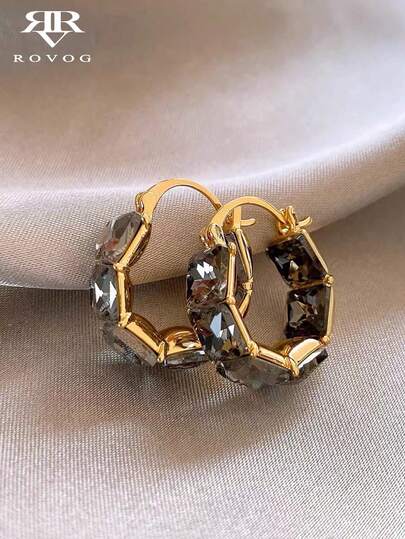 1 Pair Elegant Luxury Black Glass Geometric Hoop Earrings Suitable For Women's Daily Wear And Gatherings