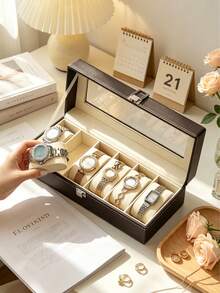 Kotak Penyimpanan Jam Tangan PU yang Dapat Dikunci dengan 1/2/3 Slot, Kacamata, Perhiasan, dan Organizer Jam Tangan - Grey - View 6