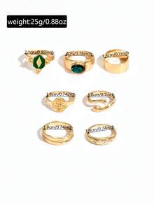7pcs Set Luxury Sparkling Green Rhinestone Geometric Hoop Design Stackable Versatile Women's Jewelry - Golden D - View 2