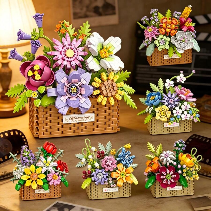 817pcs Flower Basket Building Blocks Set, Floral Set, Interlocking Toy Set, Creative Plant Floral Decor Model Toy, Home Office Desk Centerpiece Decoration, Ideal Gift For Flower Lovers, Mother's Day, Birthday, Christmas, Valentine's Day, Easter - Multicolor - View 1