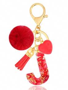 Cute Initial Red Heart Gold Foil Stone Tassel Pom Pom Keychain Resin Drip Glue Minimalist Personalized Key Chain For Women Bags Daily Wear And Gift - Red - View 22
