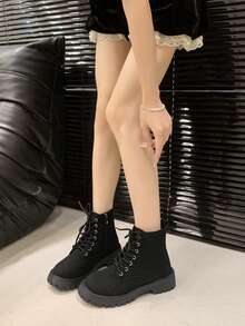 Women's Lace-Up Side Zipper Thick Sole Boots, British Vintage Versatile Height-Increasing Slimming Ankle Boots - Black - View 2