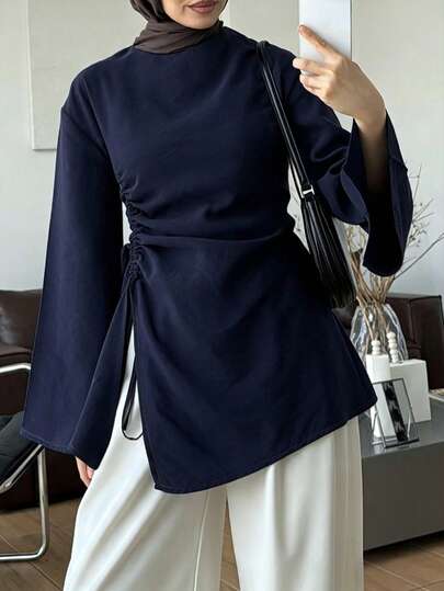 Women's Fashion Casual Round Neck Bell Sleeve Hem Split Drawstring Design Waist-Cinching Top, Solid Color Drawstring Split Zipper Pullover Top, Daily Date Autumn/Winter