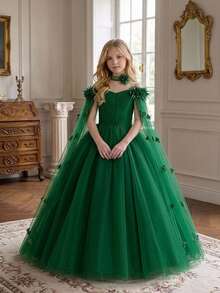 Tween Girls Spaghetti Strap Long Tulle 3D Floral Ball Gown Princess Dress Elegant Party Dress, Headband Not Included - Dark Green - View 1