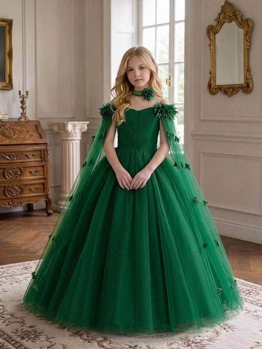 Tween Girls Spaghetti Strap Long Tulle 3D Floral Ball Gown Princess Dress Elegant Party Dress, Headband Not Included - Dark Green - View 1