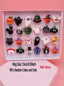 Set 10 Cincin Resin Kartun Halloween, Desain , Hantu, Laba-laba, Kastil, Topi Penyihir (Dikirim Acak), Aksesori Dekoratif untuk Pesta Liburan, Hadiah - MultiWarna - View 7