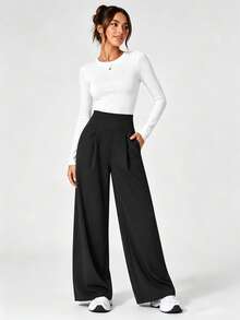 Women's Solid Color High Waist Pocket Pleated Casual Sports Long Pants 2pcs Set Black - Black - View 6