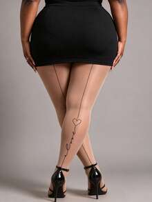 1pc Women's Nude Sheer Back Seam Pantyhose, Heart & Love Letter Pattern, Romantic Date Night Tights - Apricot - View 4