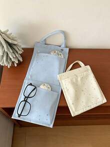 1pc Star Print Hanging Storage Bag, Cute Casual Fabric Rectangular Wall Hanging Organizer, Multi-Layer Pockets With Top Handle, Space-Saving Foldable Storage Bag, Door Hanging Storage Basket, Suitable For Bedroom, Closet, Dorm, Home Daily Miscellaneous Items Storage - Multicolor - View 9