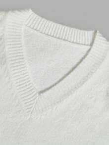 NiceArt Women's Fall-Winter Casual Solid Fake Two Pieces V Neck Ribbed Long Sleeve Irregular Hem Loose Pullover Sweaters Tops Daily Fall Outfit - White - View 6