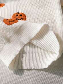 Boys Cute Solid Color Pumpkin Head Embroidered Knit Pullover Sweater, Suitable For Halloween, Daily Wear, Vacation, Spring, Autumn, Winter - Apricot - View 6
