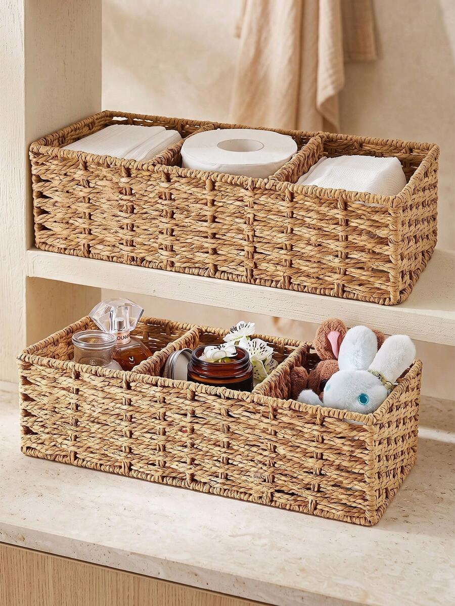 1pc Handmade Woven Decorative Storage Basket, Rattan Toilet Organizer Bin, 3-Tier Water Hyacinth Basket, Suitable For Bedroom, Bathroom And Living Room, Multi-Functional Storage Bin, Can Be Used For Gifts, Back To School Supplies, Autumn Decor, Halloween Costumes And Christmas Party Home Decor Storage