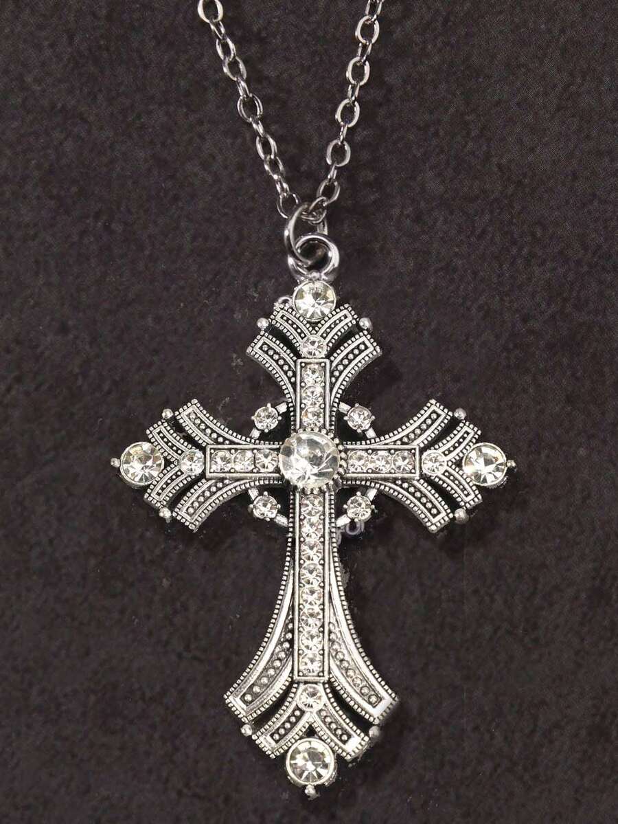 Kalung Salib Besar Bergaya Gotik Vintage dengan Hiasan Mawar dan Berlian Imitasi, Kalung Salib Perak Ukir Keren Versi Korea yang Dipersonalisasi, Kalung Rantai Sweater untuk Wanita - Perak - View 1
