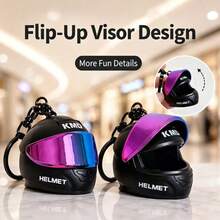 1PC Mini Flip-Up Visor Helmet Keychain, Motorcycle Creative Personalized Pendant Accessory, Realistic Full-Face Helmet Design With Flip-Up Colorful Electroplated Visor, Detailed Authentic Riding Helmet Style, Printed With KMD Logo, Exquisite 3D Craftsmanship - Obsidian Black - View 3