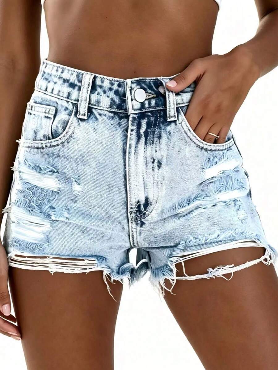 STLY Celana Jeans Wanita Pinggang Tinggi Sedikit Elastis Gaya Klasik Vintage Nostalgia Gaya Jalanan Hot Girl Pemberontak dengan Ujung Berumbai Desain Kasual - Baby Blue - View 1