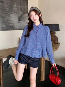Blus Wanita Motif Kotak-kotak Gaya Korea dengan Kancing dan Hiasan Rumbai - Biru - View 9