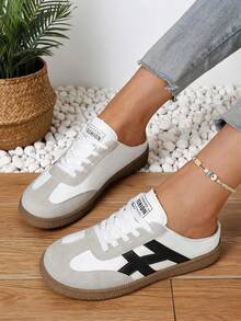 NOBLEARL White Gray Color Block Mule Trainers, Black Stripe Decor, Backless Lazy Retro Toe Cap Mule Sneakers - Black and White - View 3