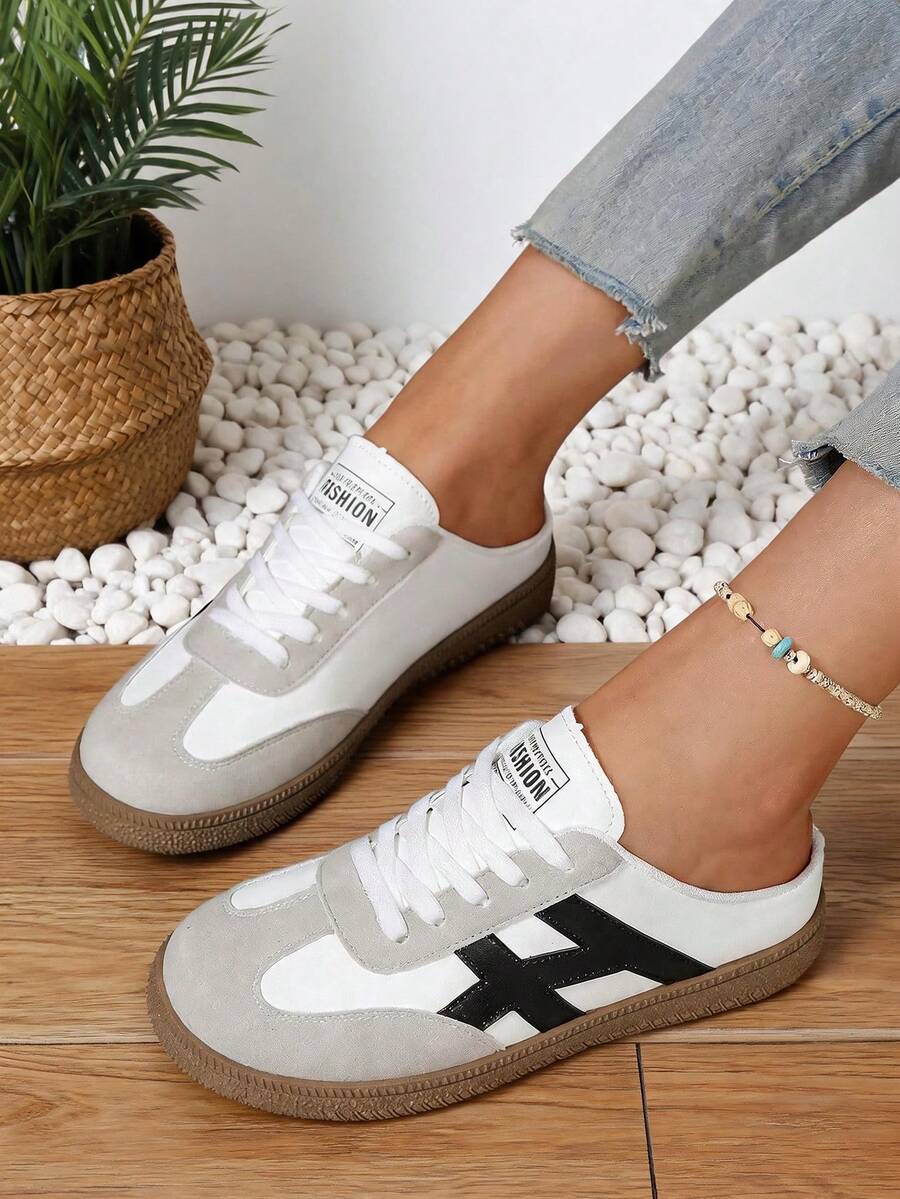 NOBLEARL White Gray Color Block Mule Trainers, Black Stripe Decor, Backless Lazy Retro Toe Cap Mule Sneakers - Black and White - View 1