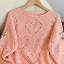 French Style Heart Hollow Sequin Pullover Long Sleeve Knit Sweater Women Loose Fit Premium Feel Top - Watermelon Pink - View 5