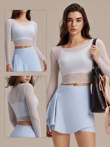 Women's Pilates 2 Pieces Set, Refreshing Sexy Mesh Floral Trim Fitness Long Sleeve Top - Baby Blue - View 8