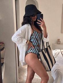 HOTTIE HABIT Blue & Brown Zebra Print Bandeau One-Piece Swimsuit, V-Neck Front, Slim Fit High Cut One-Shoulder Swimwear, Vintage Animal Print Swimsuit, Suitable For Beach, Pool, Vacation - Multicolor - View 4