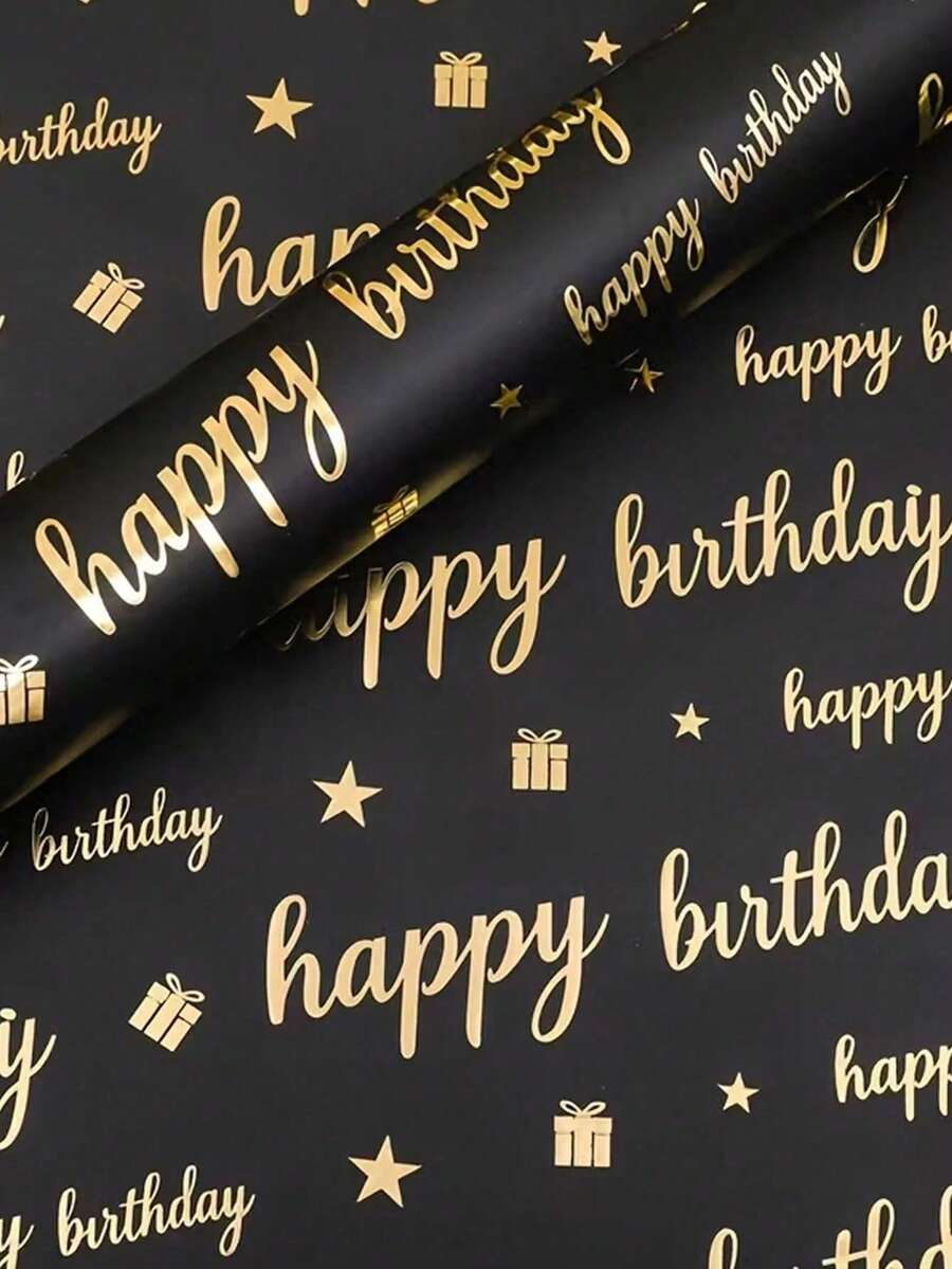 3 Stücke/1 Stück/ schwarzes & goldenes Geburtstags-Geschenkpapier aus Folie, mit goldenem "Alles Gute zum Geburtstag" Text, Ballon- und Geschenkbox-Musterdesign, geeignet für Feiertags-Geschenkverpackung und Blumenstrauß-Dekoration, anwendbar für Geburtstagsfeiern und Themenpartys