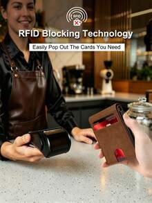 男士碳纖維 RFID 錢包,超薄彈出式信用卡夾,防盜卡套,雙折智能卡包,附 ID 視窗與鈔票夾層 - 咖啡 - 查看 9
