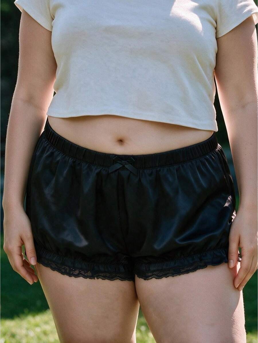 Women Plus Size Shorts Lace Trim Elastic Waist Loose Fit Sleep Shorts - Black - View 1