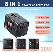 20W GaN Universal Travel Adapter 8 In 1 All In One International Plug With 2USB-A+2USB-C Fast Charging Ports, Worldwide Power Adaptor For UK EU US AU Travel - Black - View 2