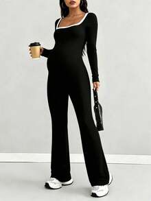 Parara Maternity Jumpsuit, Black Long Sleeve Square Neck Slim Fit Long Length Maternity Jumpsuit, Suitable For Autumn Wear. - Black - View 9