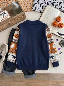 Boys Cute Colorblock Ghost Pumpkin Head Pattern Stand Collar Long Sleeve Knit Cardigan Suitable For Halloween Spring Autumn Winter - Navy Blue - View 5