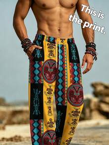 Retro Mexican Indigenous Print Men's Loose Drawstring Waist Surfing Beach Holiday Wide Leg Pants, Print Sublimation - Multicolor - View 3