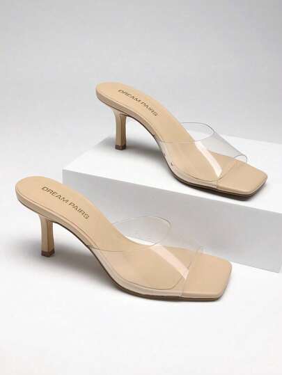 Sandalias de tacón bajo para mujer, Sandalias mules de tacón con punta cuadrada para boda