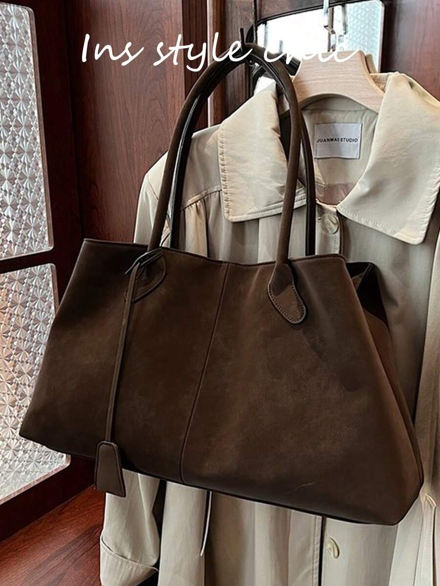 Large Capacity Soft Open-Top Maillard Ins Minimalist Relaxed Style Shoulder Tote Bag, Casual Women's Handbag For Office, Commute, Travel, Shopping, Dating - Coffee - View 1