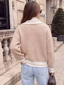 Kardigan Rajut Motif Garis Warna Oatmeal Musim Dingin, Kerah Manset dan Kelim Kontras Bergaris, Jaket Kancing Lengan Panjang Gaya Liburan - Khaki - View 8