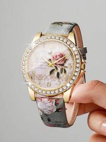 Vintage Style Women's Wristwatch With Rhinestone Case, Rose Dial, Floral Print PU Leather Strap, Quartz Watch, Gift For Girlfriend (1pc/Set) Watch Box Not Included, Note: The Print Position On The Strap Is Random And Cannot Be Consistent! - Grey - View 3
