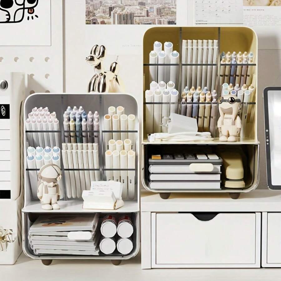 Pen Holder Desk Organizer, Office Desk Organizer With Drawer Oblique Plug In Design Pencil Holder Desktop Stationary Organizer, With 6 Compartments And 1 Drawer, Office Supplies - Multicolor - View 1