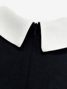 Tween Girls Autumn Black & White Color Block Bow Elegant Commute Street Party Evening Cute Long Sleeve Dress - Black - View 5