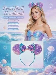1PC Disney Purple Iridescent Sequin Base Mickey Ears Headband With 3D Pearl Decor, Gradient Mermaid Tail Shell Bow, Dreamy Underwater Mermaid Princess Theme, Versatile Summer Hair Accessory For Theme Parks And Beach Vacations - Multicolor - View 8