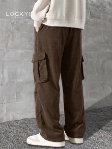 1pc Men's Spring/Autumn American Street Style Corduroy Multi-Pocket Drawstring Casual Long Pants - Brown - View 3