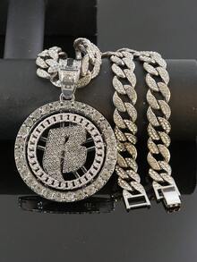 Rotatable B Letter Rhinestone Round Pendant Cuban Chain Set, Silver Heavy-Duty Rhinestone Necklace And Bracelet, American Hip-Hop Cool Accessories For Men - Rotatable Letter B - View 11