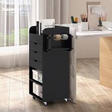 Rolling Craft Storage Cart, Utility Trolley With 2 Open Shelves, 3 Drawers, 3 Compartments & 2 Rolling Rods, Multipurpose Cart For Home, Office, Kitchen, Bathroom - Black - View 3