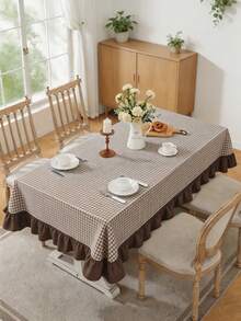 1pc Minimalist Pastoral Home Ruffle Trim Color Block Tablecloth, Brown & White Small Check Dust Cover, Washable & Reusable, Suitable For Dining Room, Kitchen, Banquet, Gathering, Homestay Decor, Holiday Party - Brown - View 4