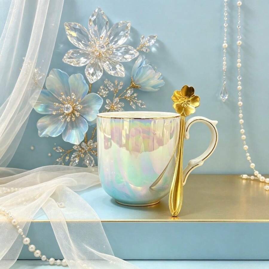 Set Mug Kopi Keramik 250ml, Cangkir Keramik *1 + Sendok Stainless Steel *1, Cangkir Air/Cangkir Kopi/Cangkir Teh, Untuk Rumah/Kantor/Kedai Kopi, Set 2 Buah - Set dua potong - View 1